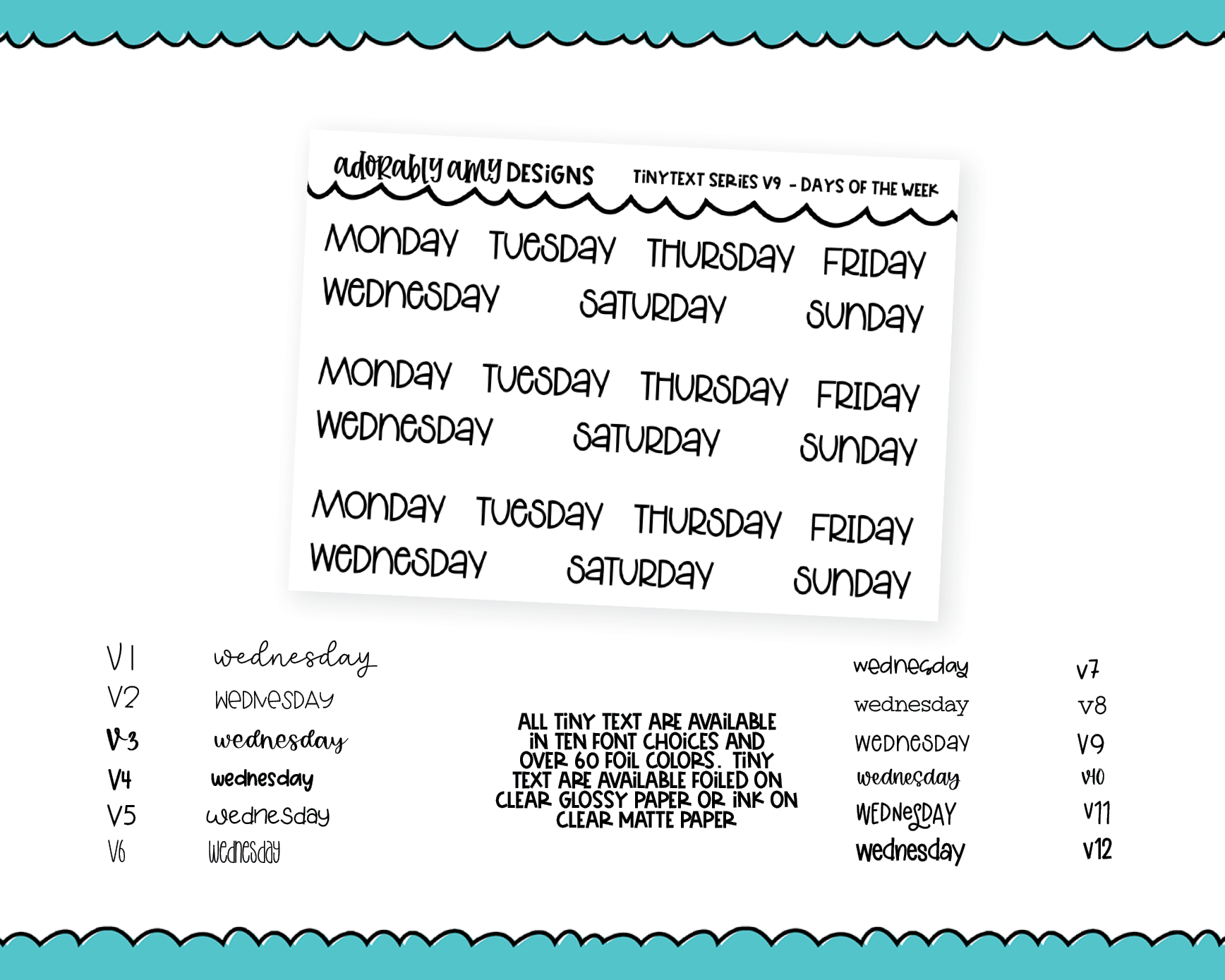 Week Text Box Foiled Tiny Text Series - Days of the Week Checklist Size Planner Stic ...