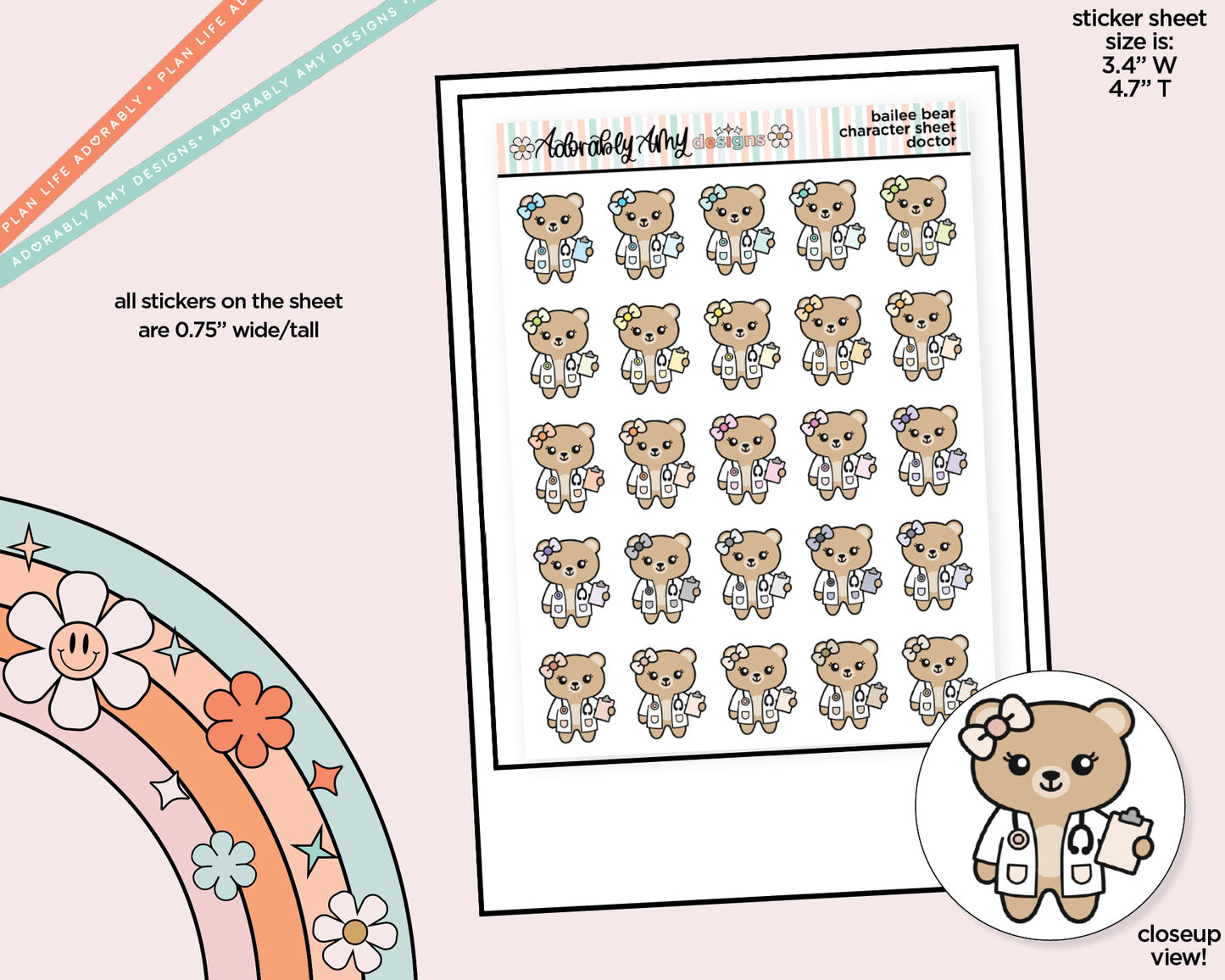 Bailee Bear Doctor - Go to the Doctor Decoration Character Planner Stickers - Adorably Amy Designs