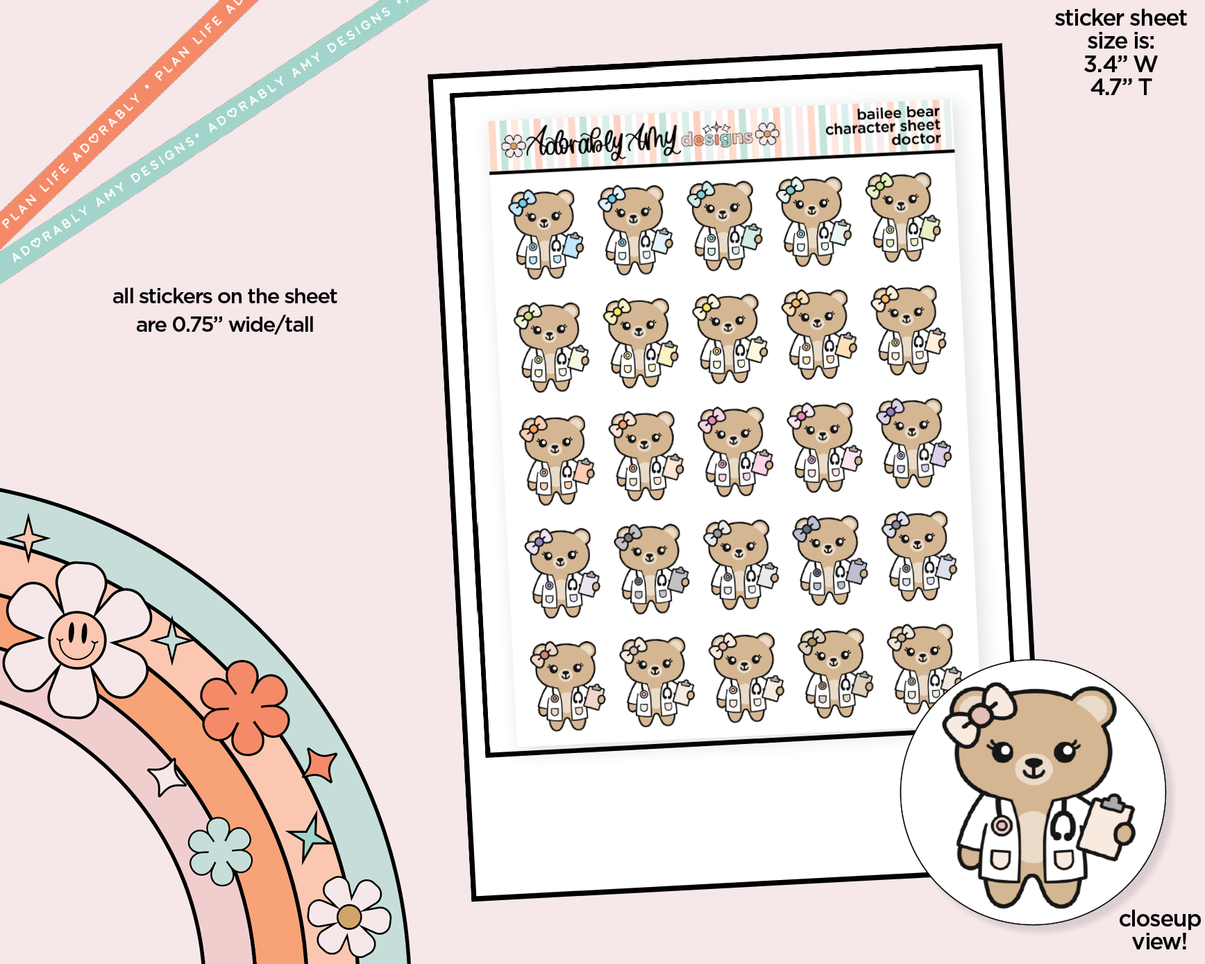 Bailee Bear Doctor - Go to the Doctor Decoration Character Planner Stickers - Adorably Amy Designs