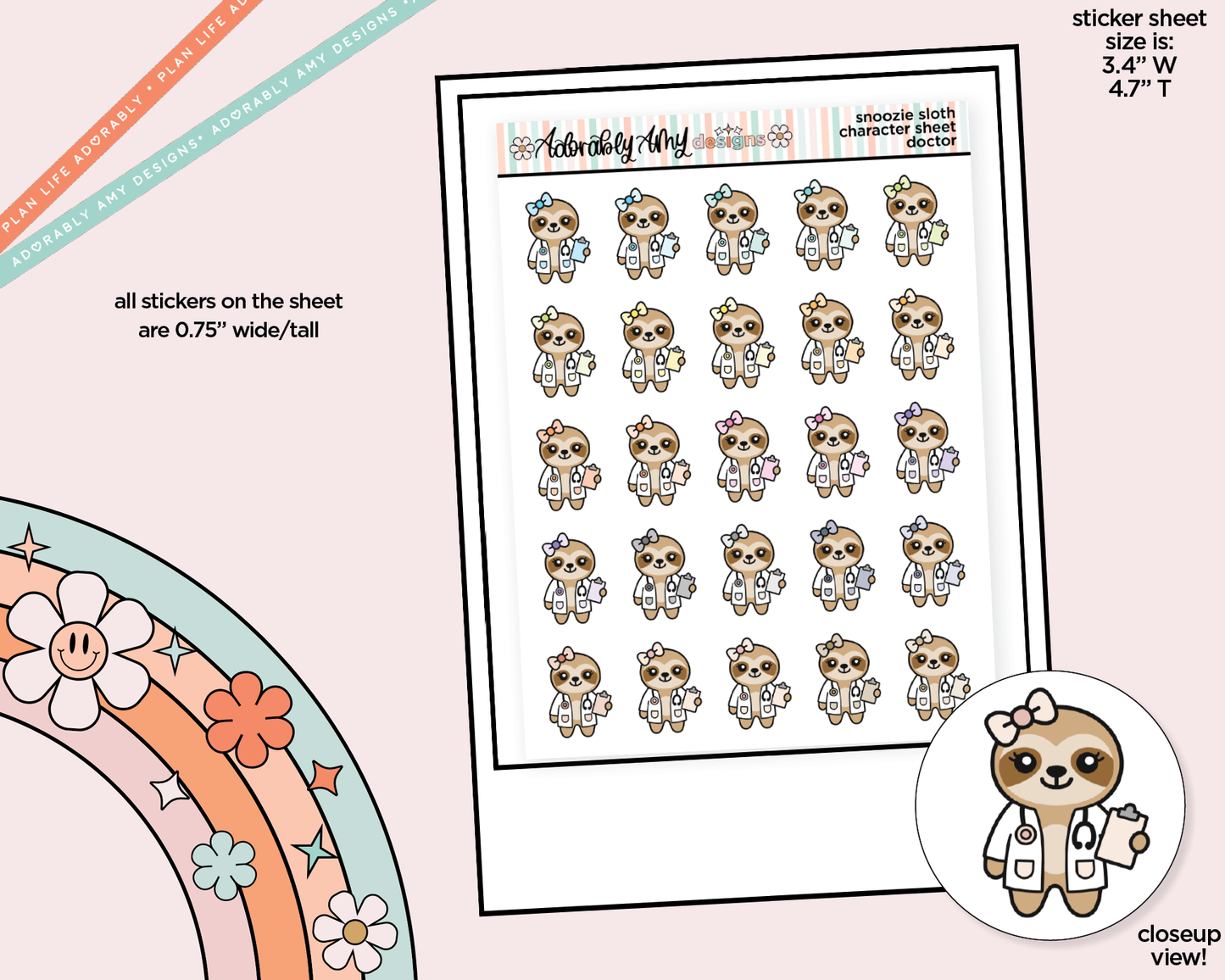 Snoozie Sloth Doctor - Go to the Doctor Decoration Character Planner Stickers - Adorably Amy Designs