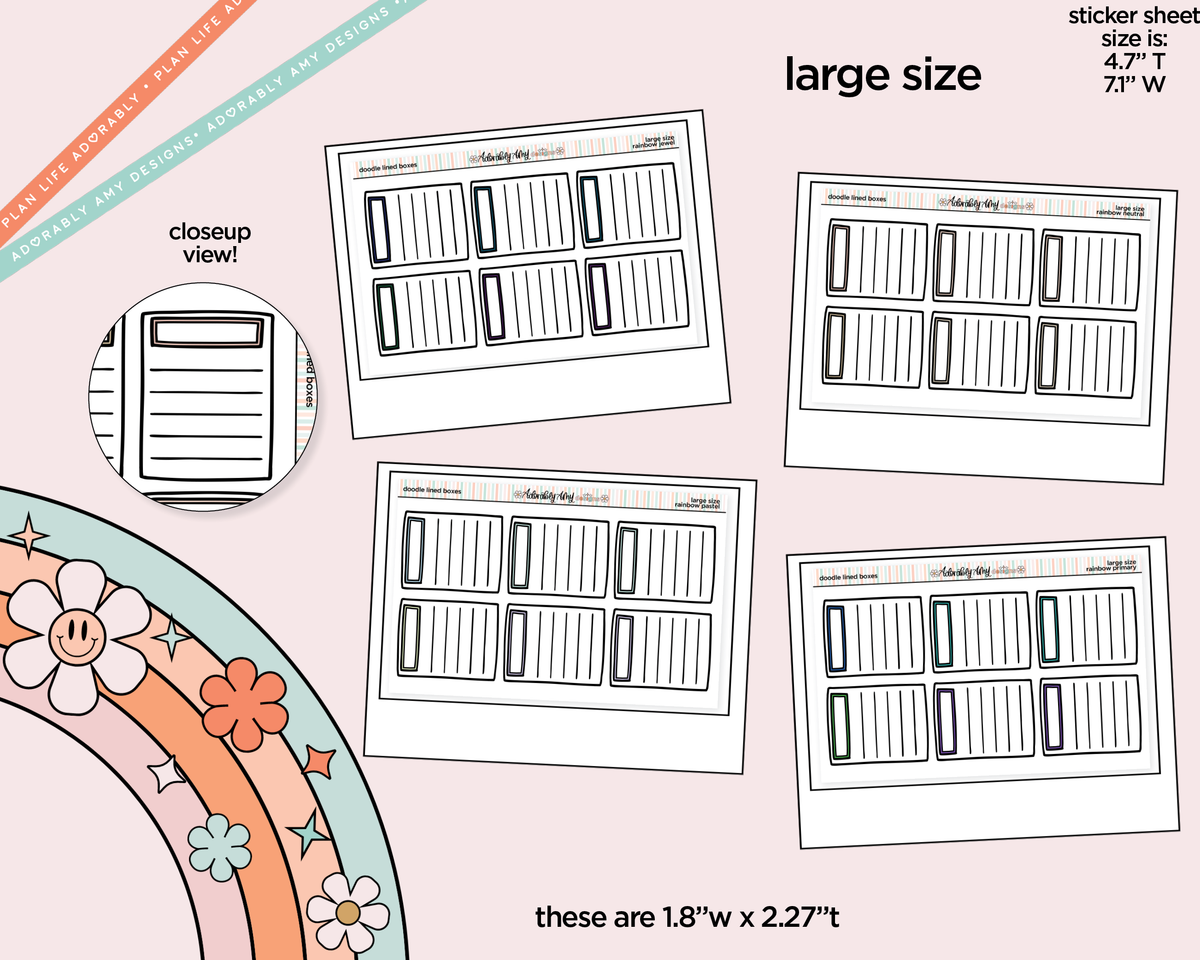Rainbow Doodle Lined Boxes Large/Jumbo Size Planner Stickers - Adorably Amy Designs