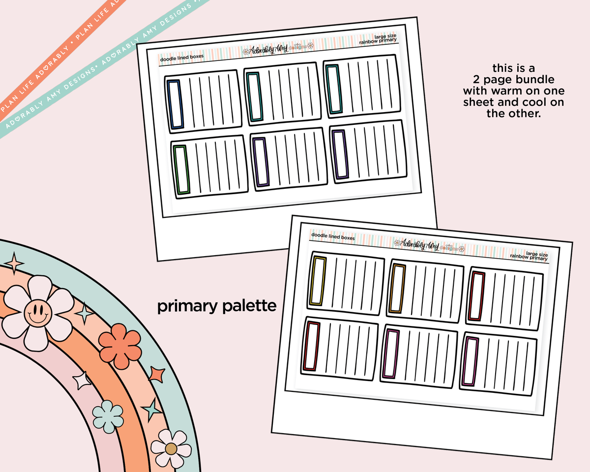 Rainbow Doodle Lined Boxes Large/Jumbo Size Planner Stickers - Adorably Amy Designs
