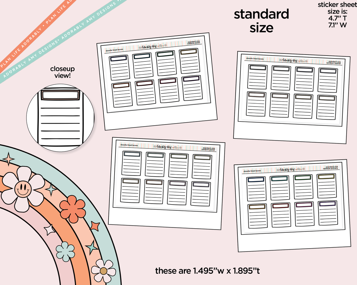Rainbow Doodle Lined Boxes Standard Size Planner Stickers - Adorably Amy Designs