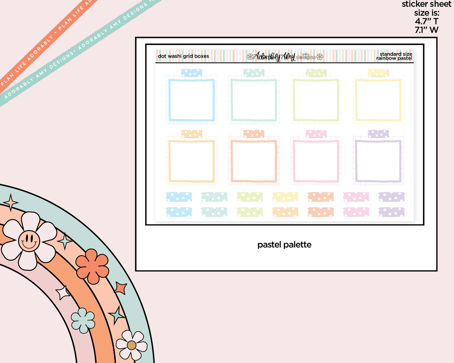 Rainbow Doodled Dot Washi Grid Boxes Standard Size Planner Stickers
