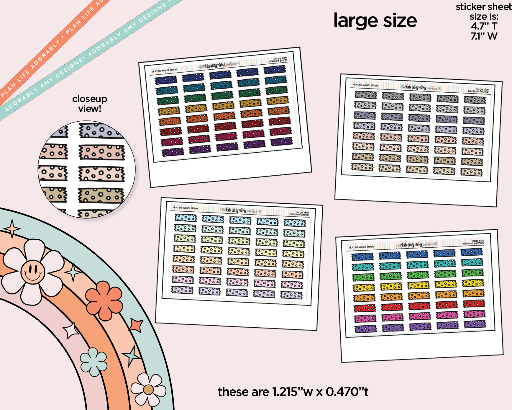 Rainbow Doodle Dotted Washi Strips Large/Jumbo Size Stickers for any Planner or Insert - Adorably Amy Designs