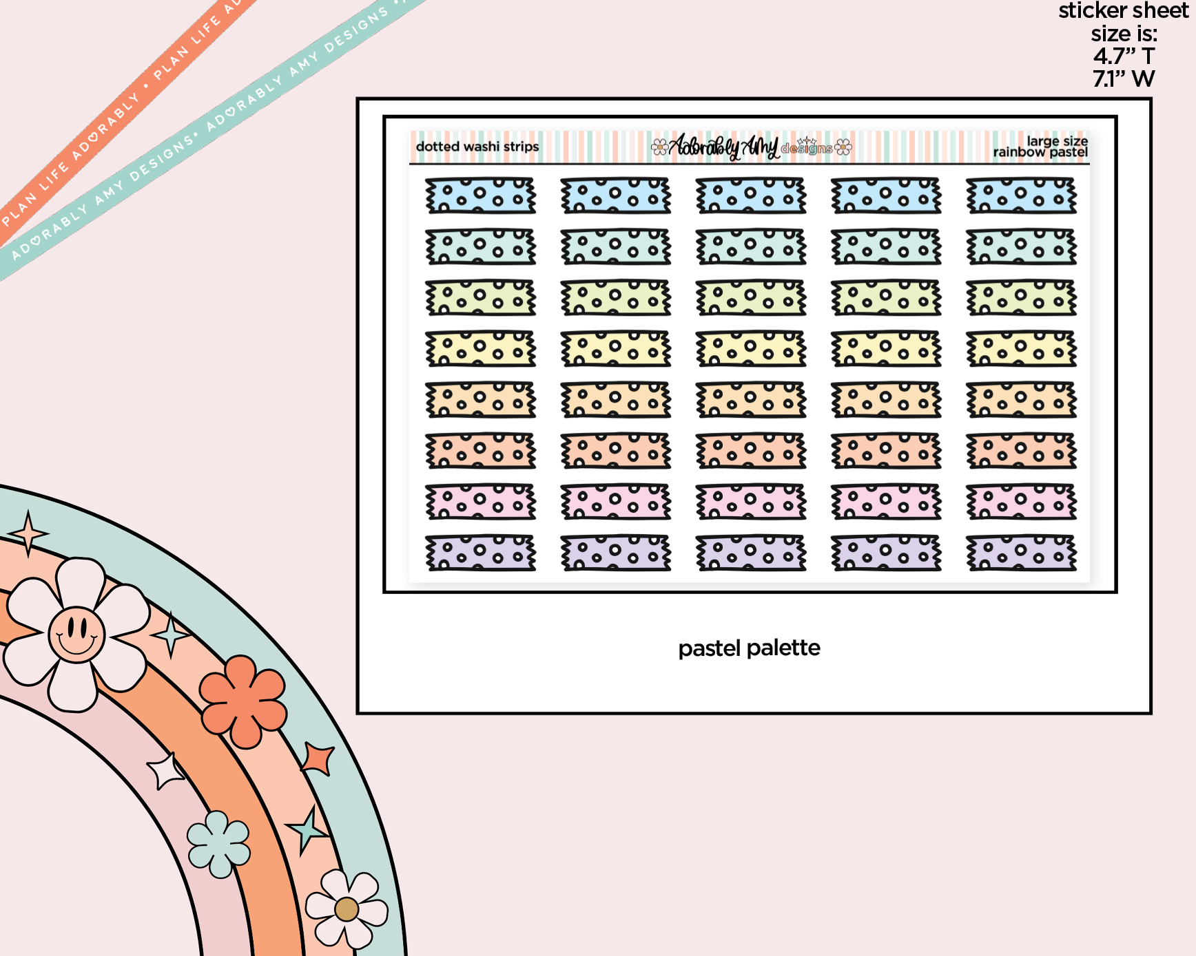 Rainbow Doodle Dotted Washi Strips Large/Jumbo Size Stickers for any Planner or Insert - Adorably Amy Designs