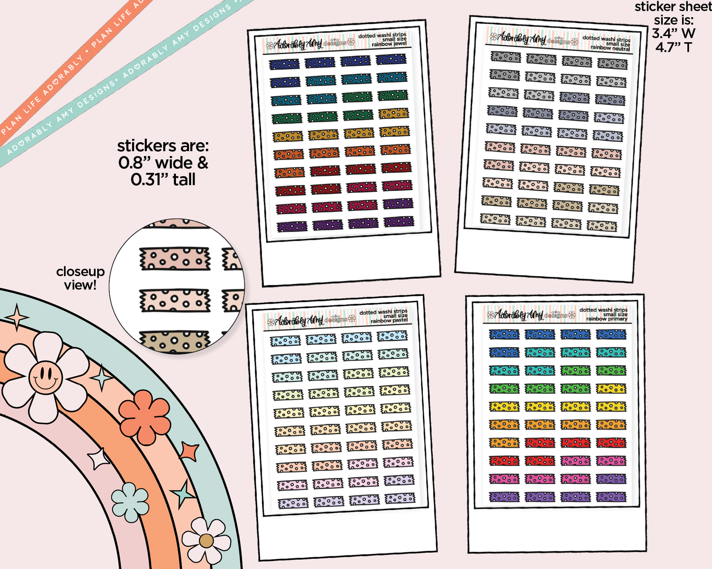 Rainbow Doodled Dotted Washi Strips Small Size Planner Stickers for Any Planner - Adorably Amy Designs