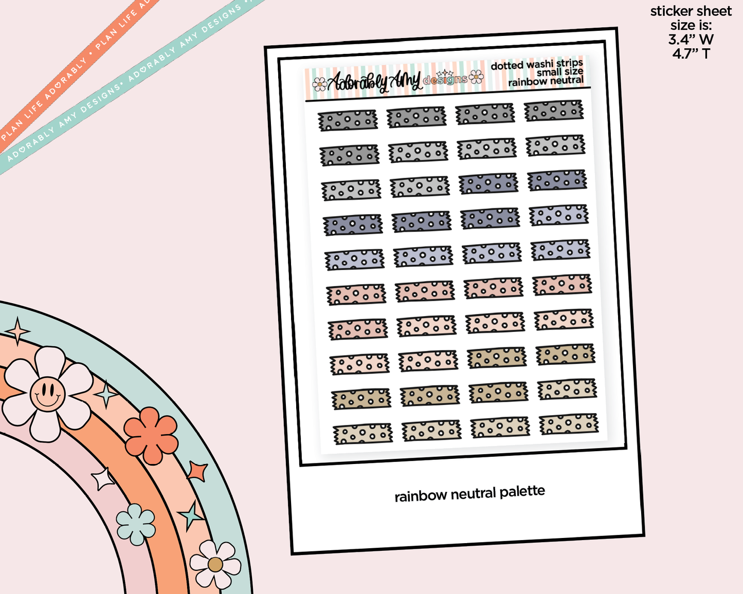 Rainbow Doodled Dotted Washi Strips Small Size Planner Stickers for Any Planner - Adorably Amy Designs
