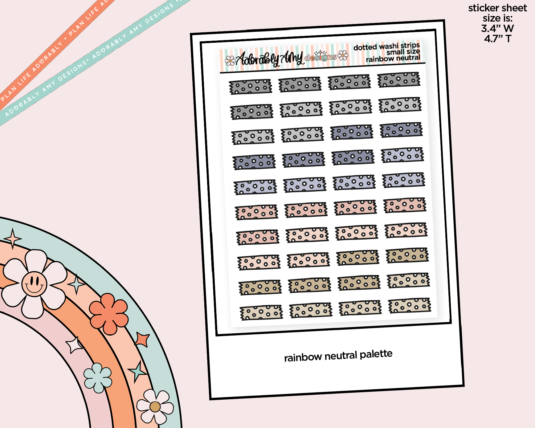 Rainbow Doodled Dotted Washi Strips Small Size Planner Stickers for Any Planner - Adorably Amy Designs