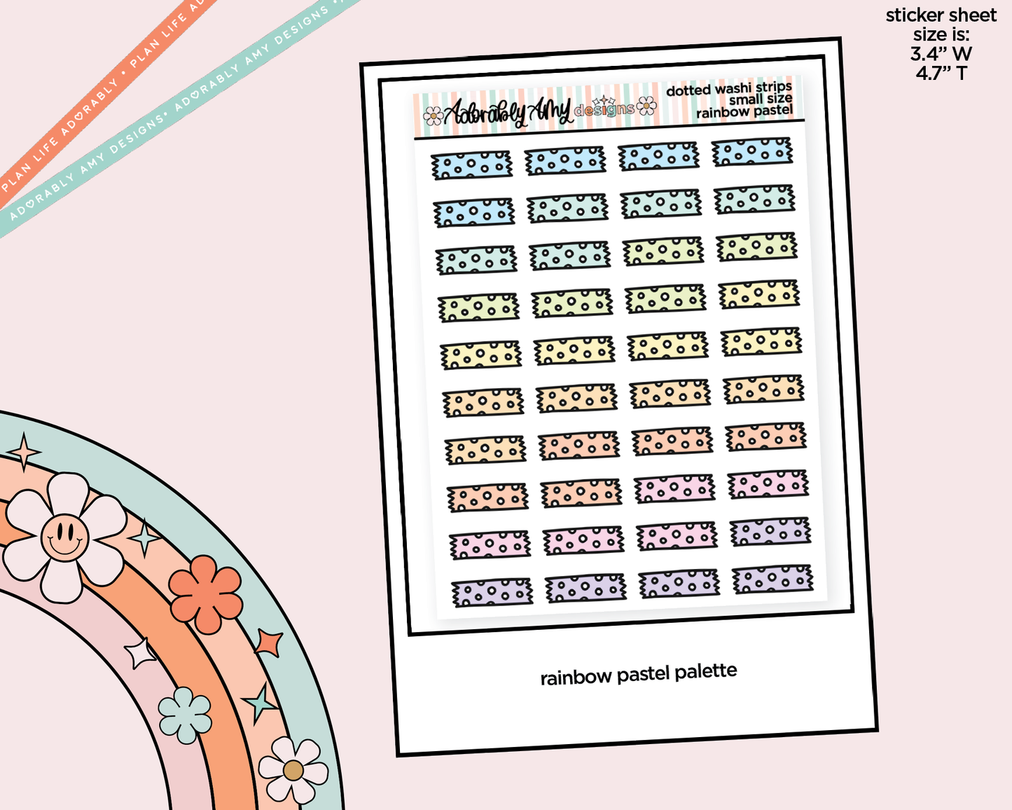 Rainbow Doodled Dotted Washi Strips Small Size Planner Stickers for Any Planner - Adorably Amy Designs