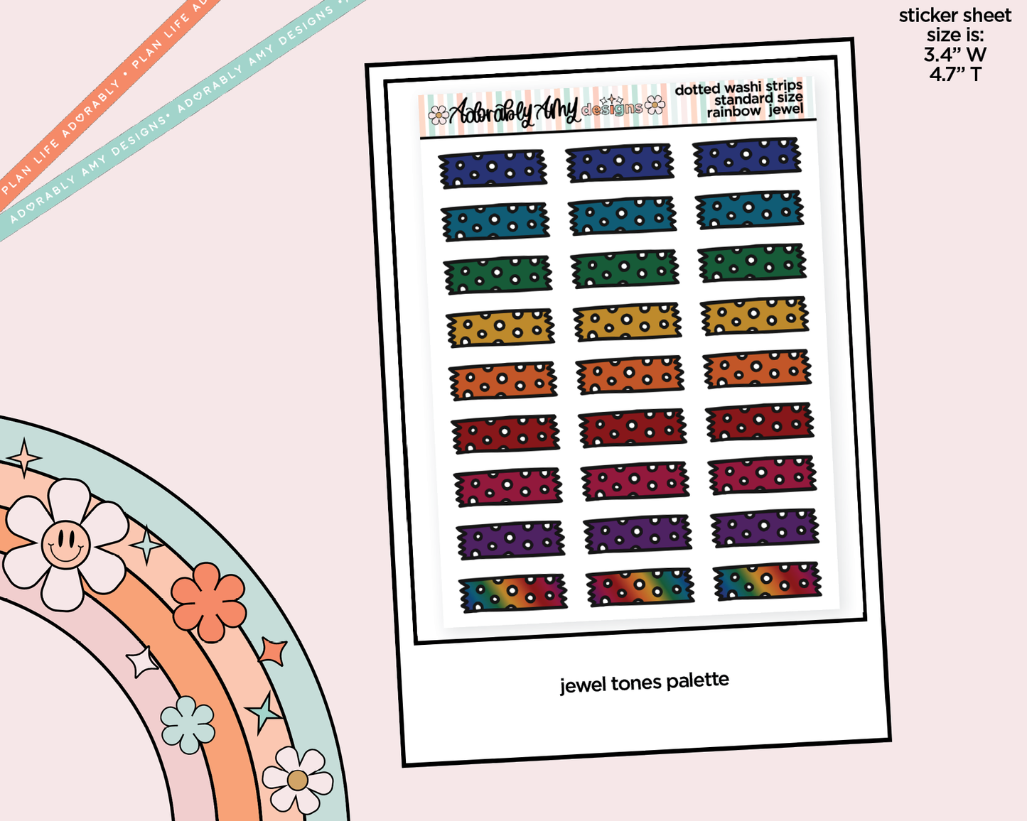 Rainbow Doodled Dotted Washi Strips Standard Size Stickers for any Planner or Insert - Adorably Amy Designs