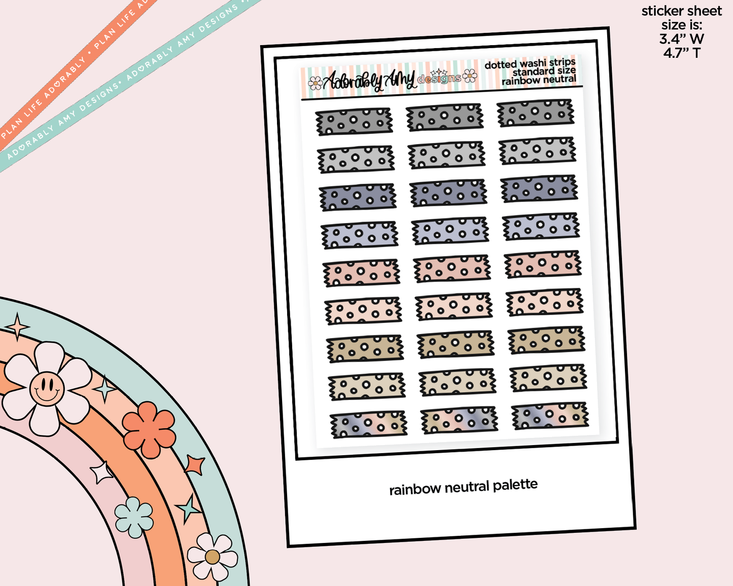 Rainbow Doodled Dotted Washi Strips Standard Size Stickers for any Planner or Insert - Adorably Amy Designs