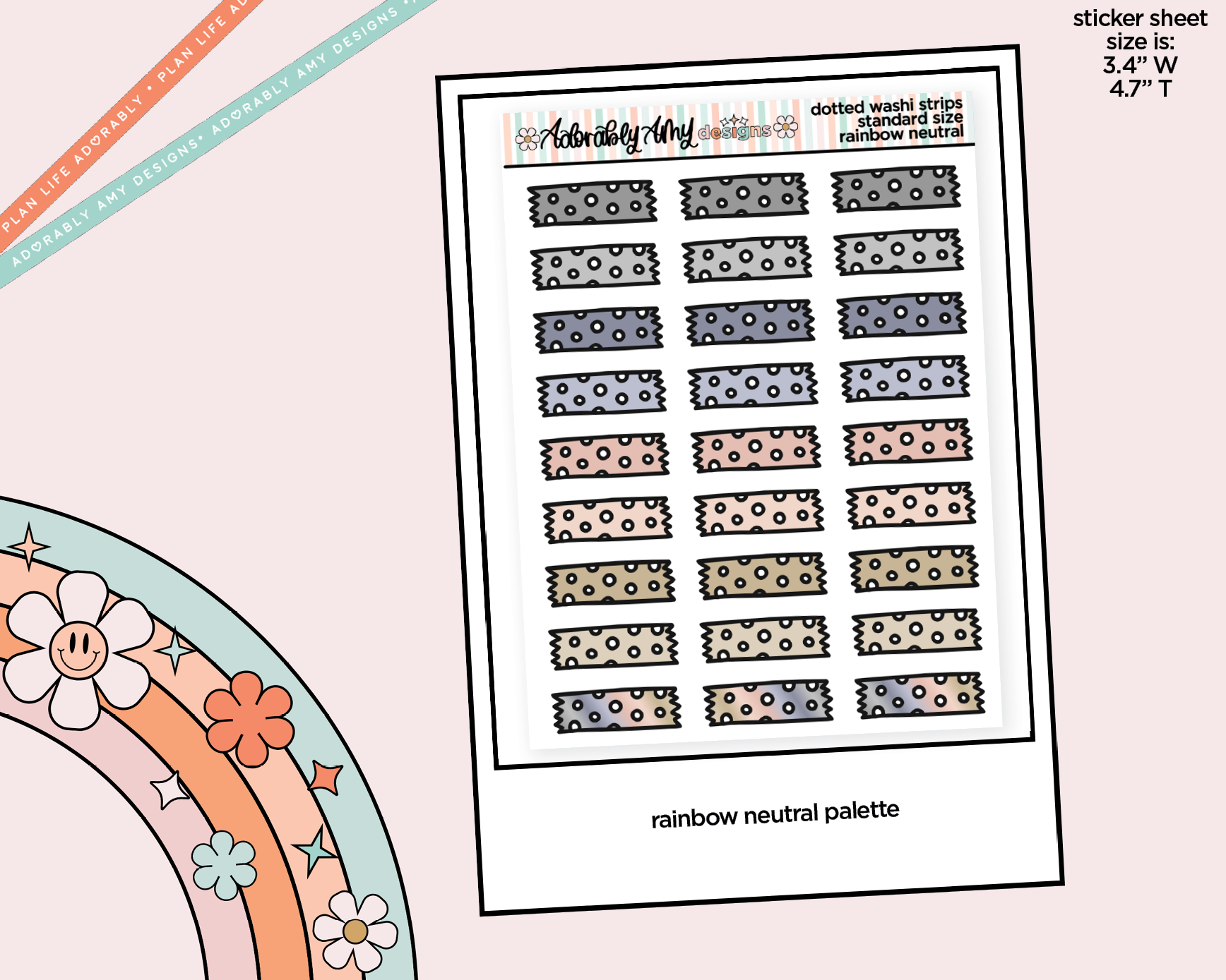 Rainbow Doodled Dotted Washi Strips Standard Size Stickers for any Planner or Insert - Adorably Amy Designs
