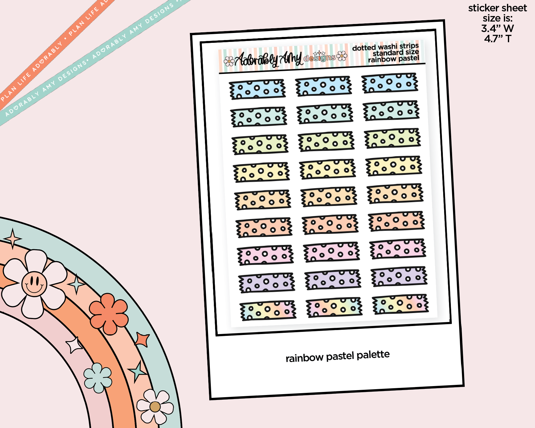 Rainbow Doodled Dotted Washi Strips Standard Size Stickers for any Planner or Insert - Adorably Amy Designs