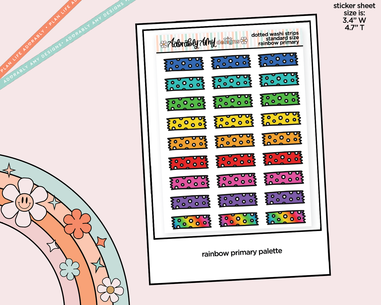 Rainbow Doodled Dotted Washi Strips Standard Size Stickers for any Planner or Insert - Adorably Amy Designs