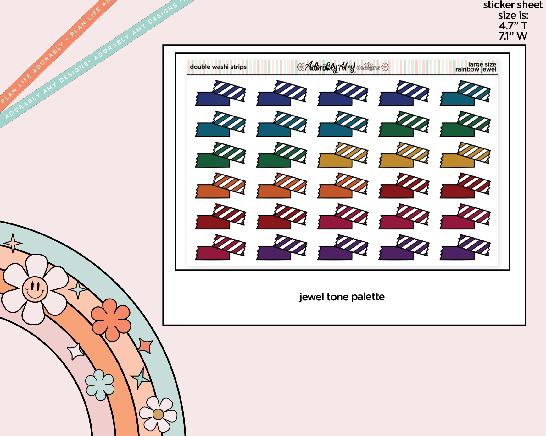 Rainbow Doodle Double Washi Strips Large/Jumbo Size Stickers for any Planner or Insert - Adorably Amy Designs
