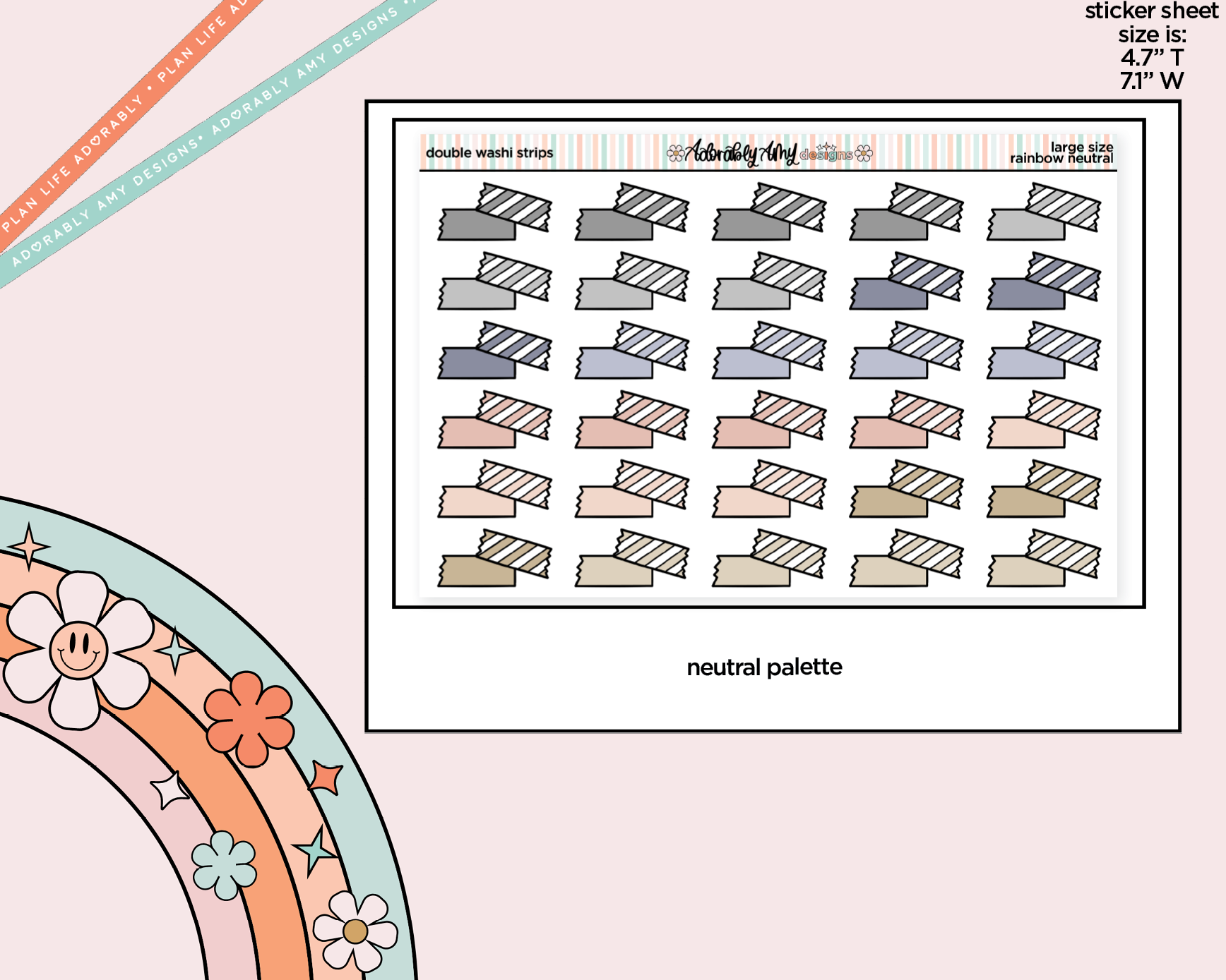 Rainbow Doodle Double Washi Strips Large/Jumbo Size Stickers for any Planner or Insert - Adorably Amy Designs