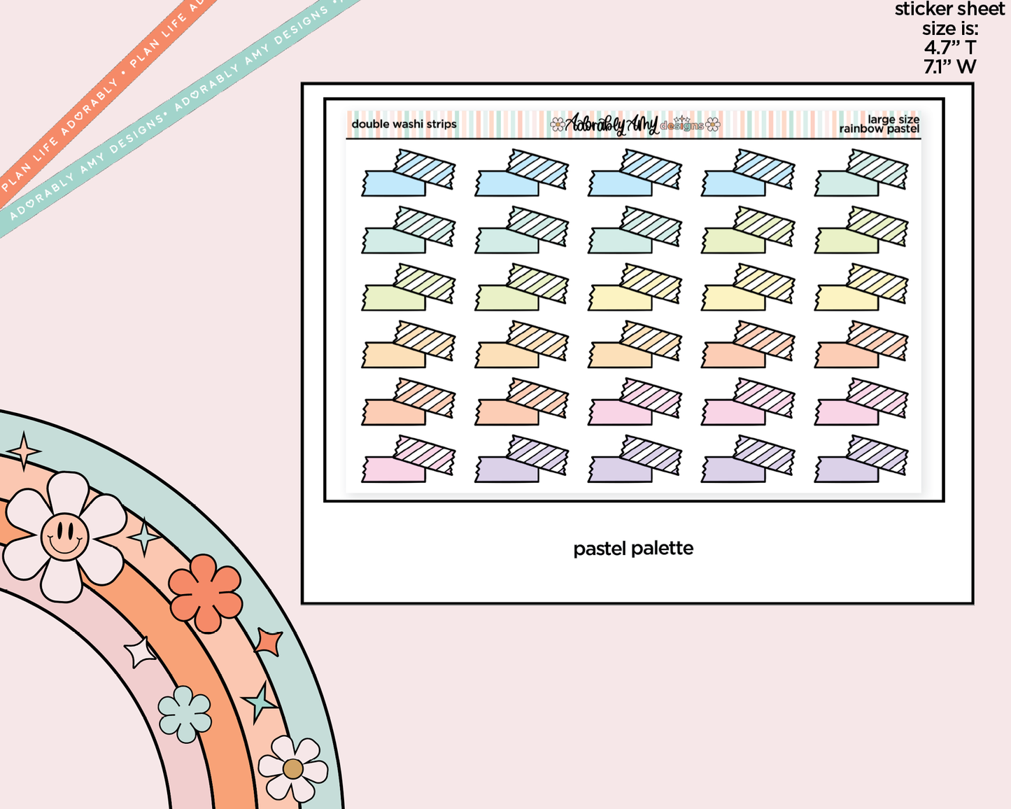Rainbow Doodle Double Washi Strips Large/Jumbo Size Stickers for any Planner or Insert - Adorably Amy Designs