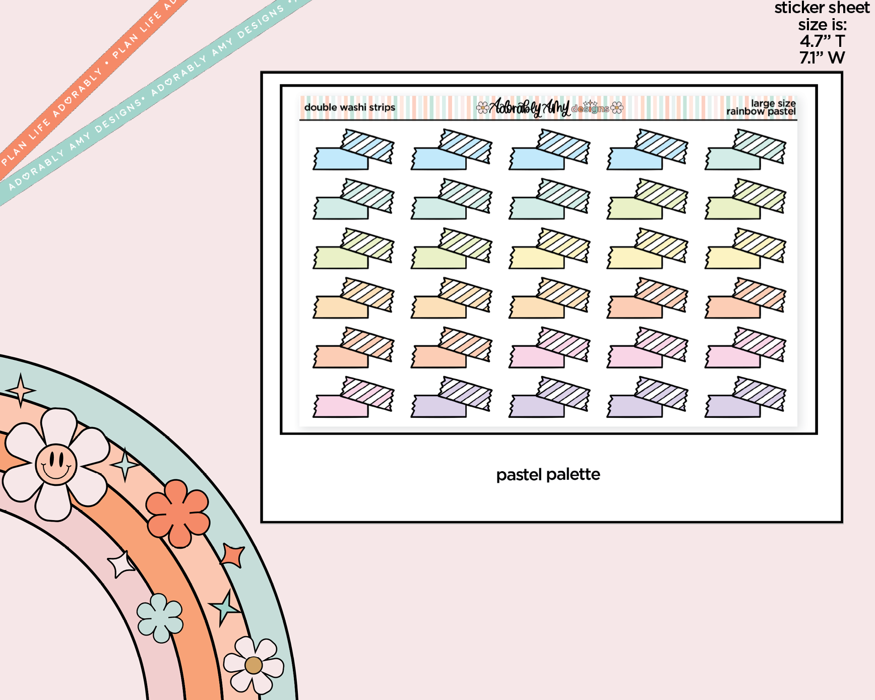 Rainbow Doodle Double Washi Strips Large/Jumbo Size Stickers for any Planner or Insert - Adorably Amy Designs