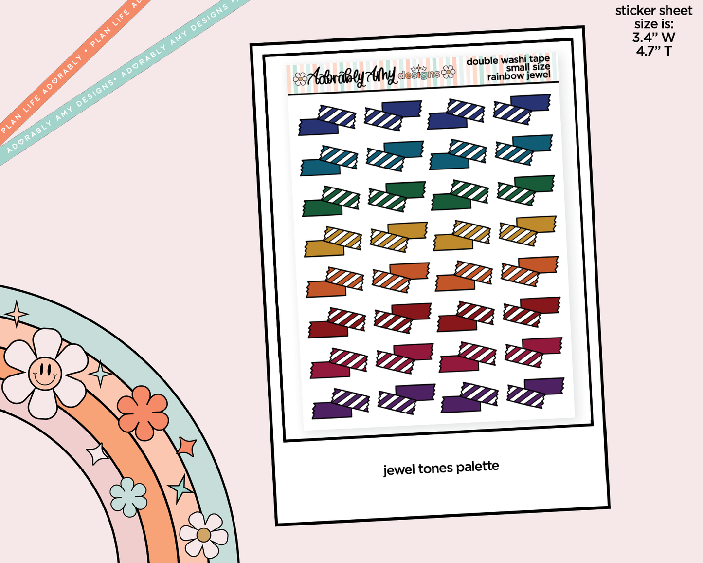 Rainbow Doodled Double Washi Strips Small Size Planner Stickers for Any Planner - Adorably Amy Designs
