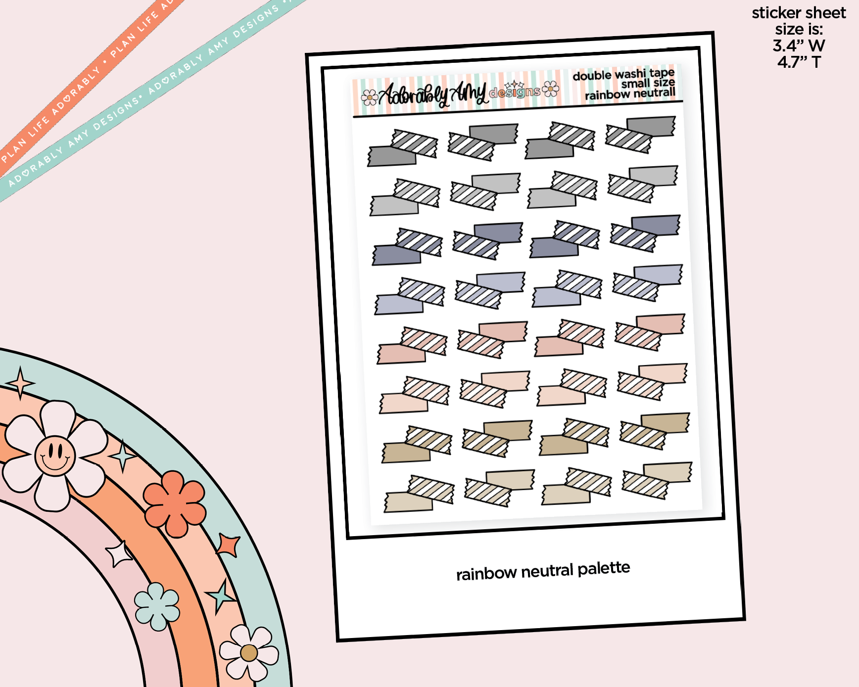 Rainbow Doodled Double Washi Strips Small Size Planner Stickers for Any Planner - Adorably Amy Designs