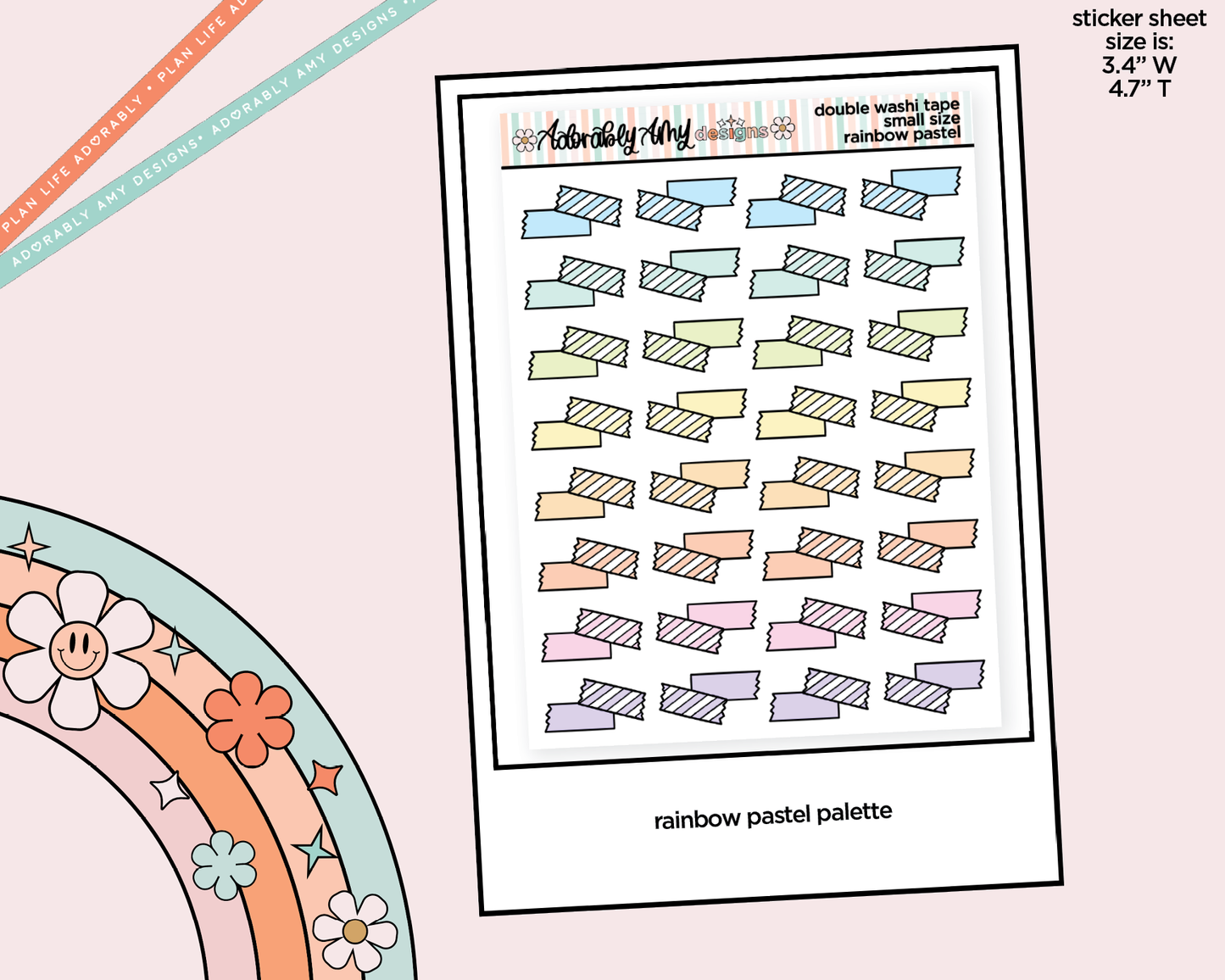 Rainbow Doodled Double Washi Strips Small Size Planner Stickers for Any Planner - Adorably Amy Designs