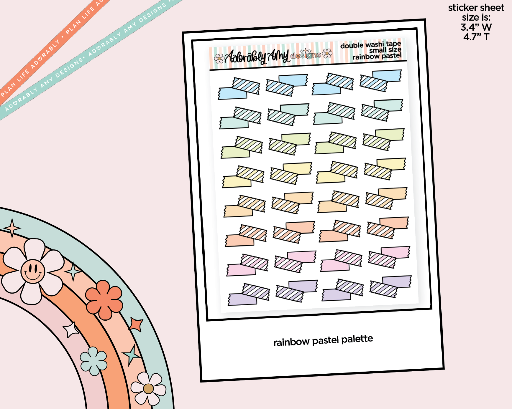 Rainbow Doodled Double Washi Strips Small Size Planner Stickers for Any Planner - Adorably Amy Designs