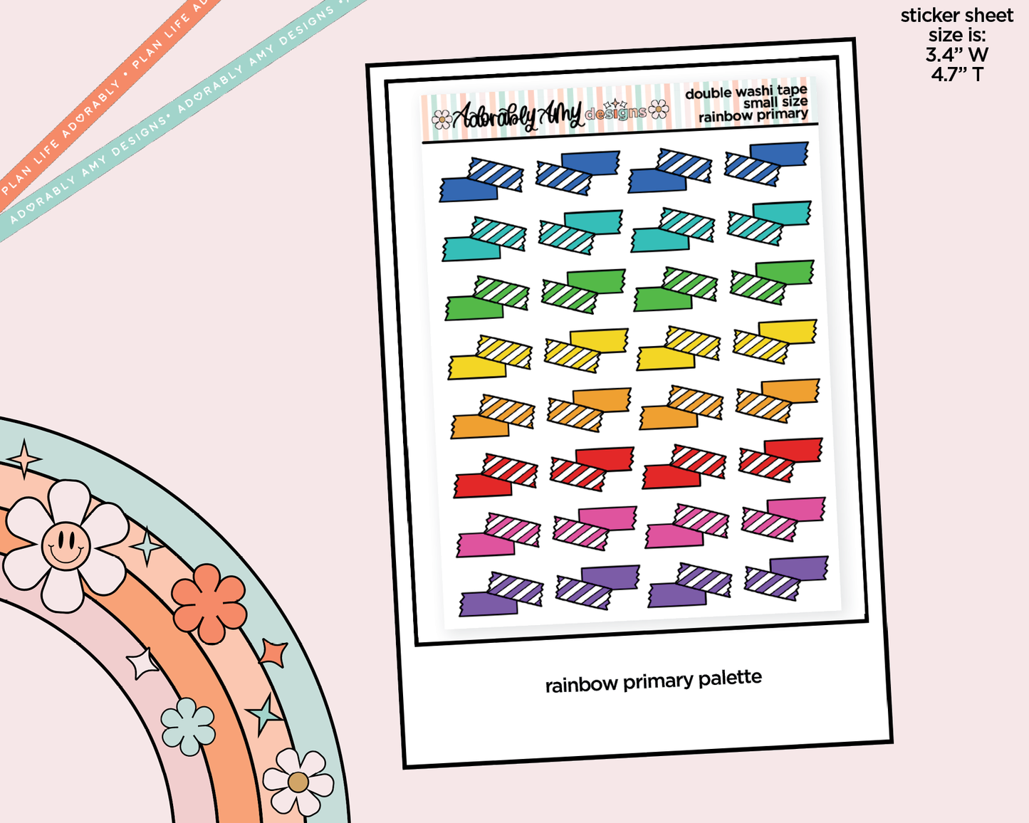 Rainbow Doodled Double Washi Strips Small Size Planner Stickers for Any Planner - Adorably Amy Designs