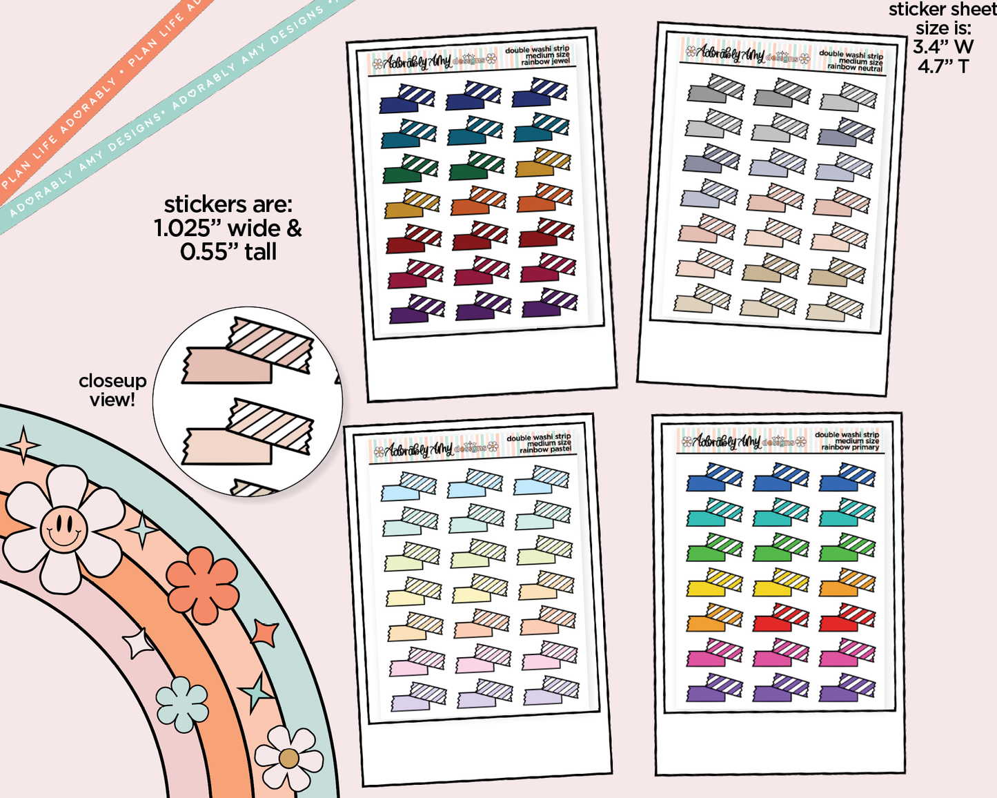 Rainbow Doodled Double Washi Strips Standard Size Stickers for any Planner or Insert - Adorably Amy Designs