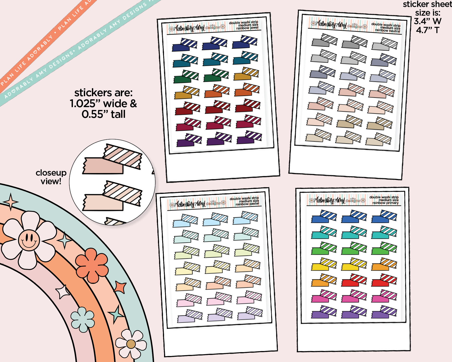 Rainbow Doodled Double Washi Strips Standard Size Stickers for any Planner or Insert - Adorably Amy Designs