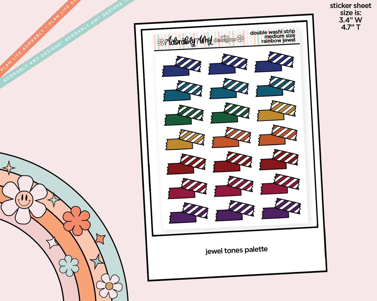 Rainbow Doodled Double Washi Strips Standard Size Stickers for any Planner or Insert - Adorably Amy Designs