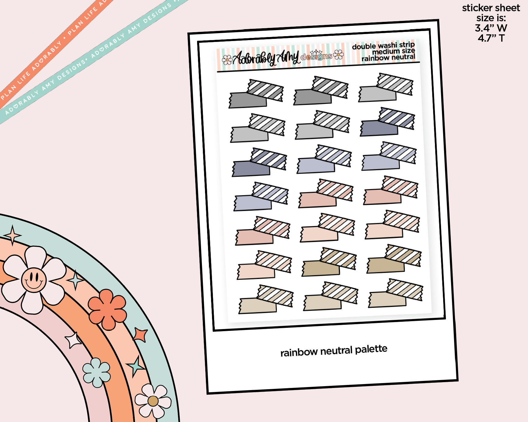 Rainbow Doodled Double Washi Strips Standard Size Stickers for any Planner or Insert - Adorably Amy Designs