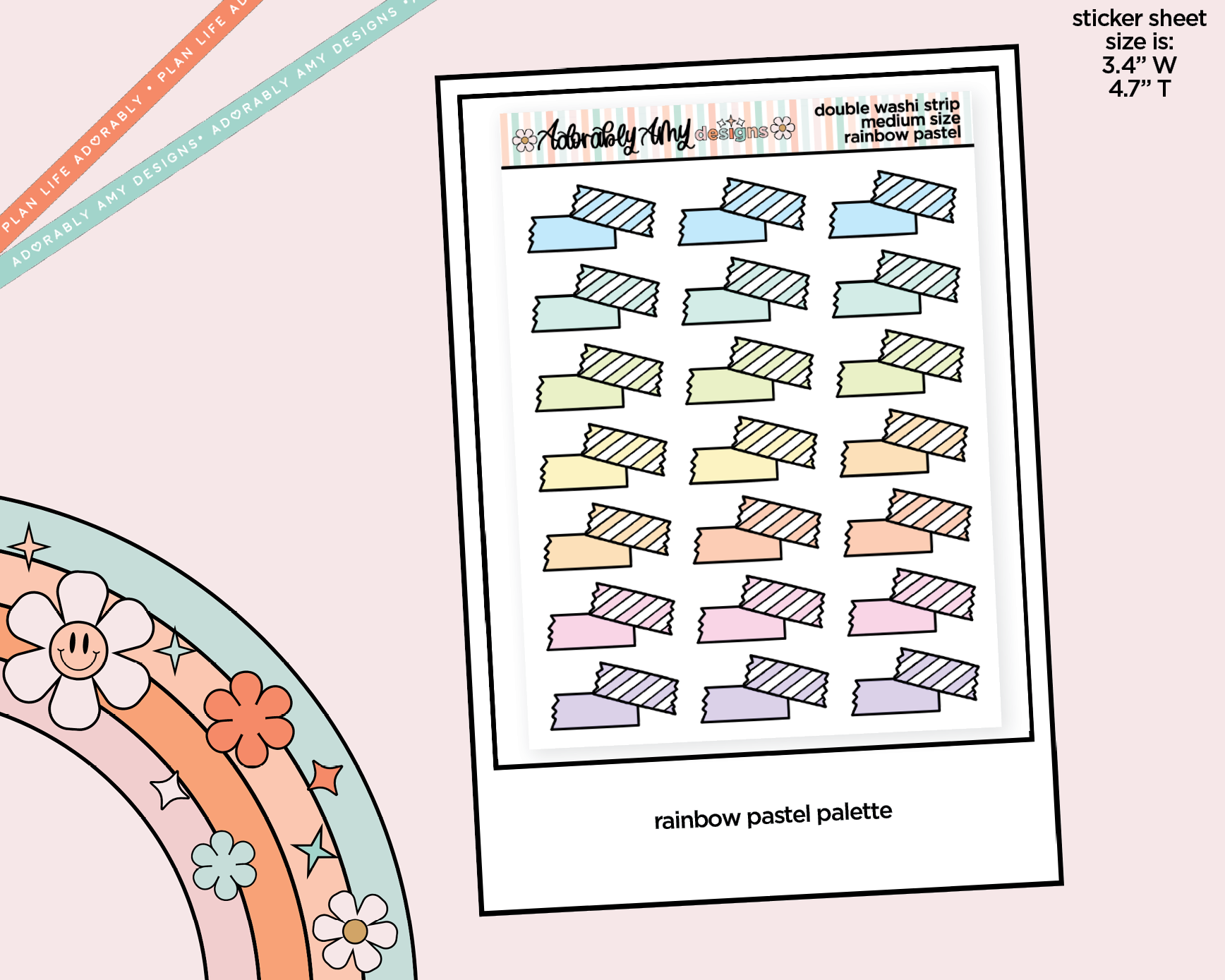 Rainbow Doodled Double Washi Strips Standard Size Stickers for any Planner or Insert - Adorably Amy Designs