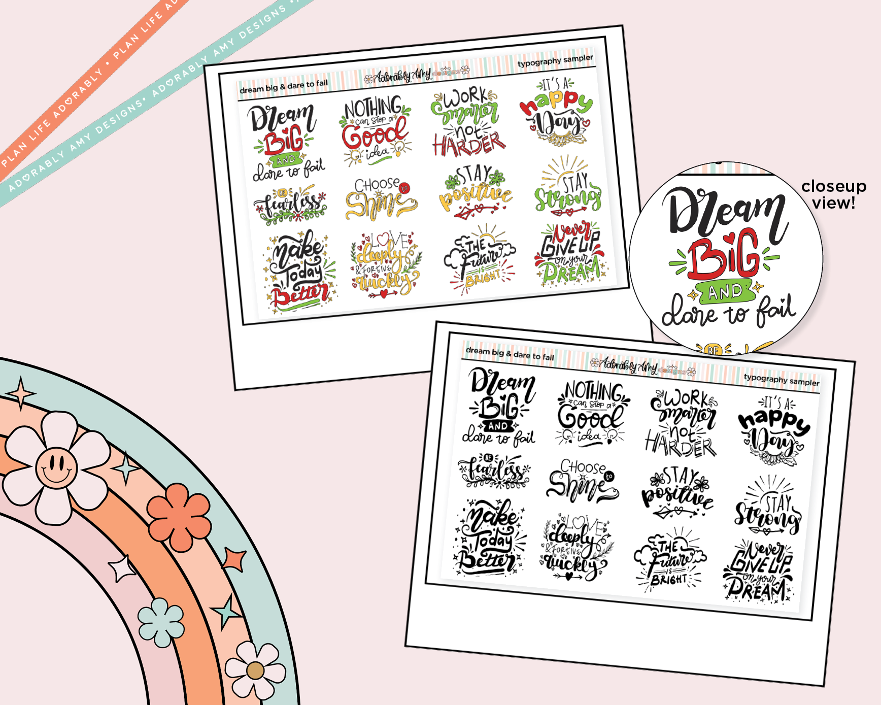 Dream Big & Dare to Fail Deco Typography Sampler Planner Stickers - Adorably Amy Designs