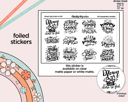 Foiled Dream Big & Dare to Fail Themed Deco Typography Sampler Planner Stickers - Adorably Amy Designs