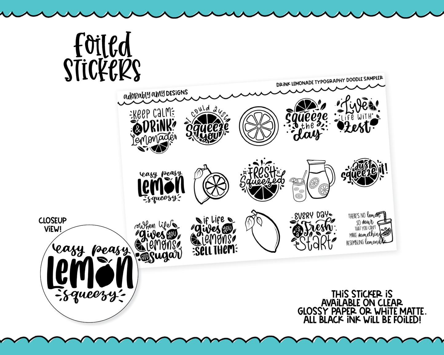 Foiled Drink Lemonade Doodled Typography Sampler Planner Stickers for any Planner or Insert