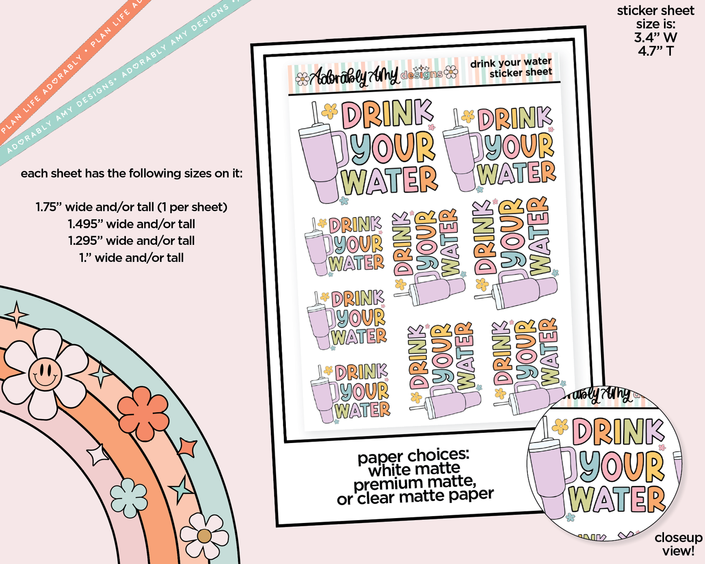 Drink Your Water Typography Sampler Planner Stickers for any Planner or Insert