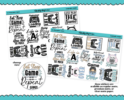 Eat, Sleep, Game, Repeat Typography Sampler Planner Stickers for any Planner or Insert