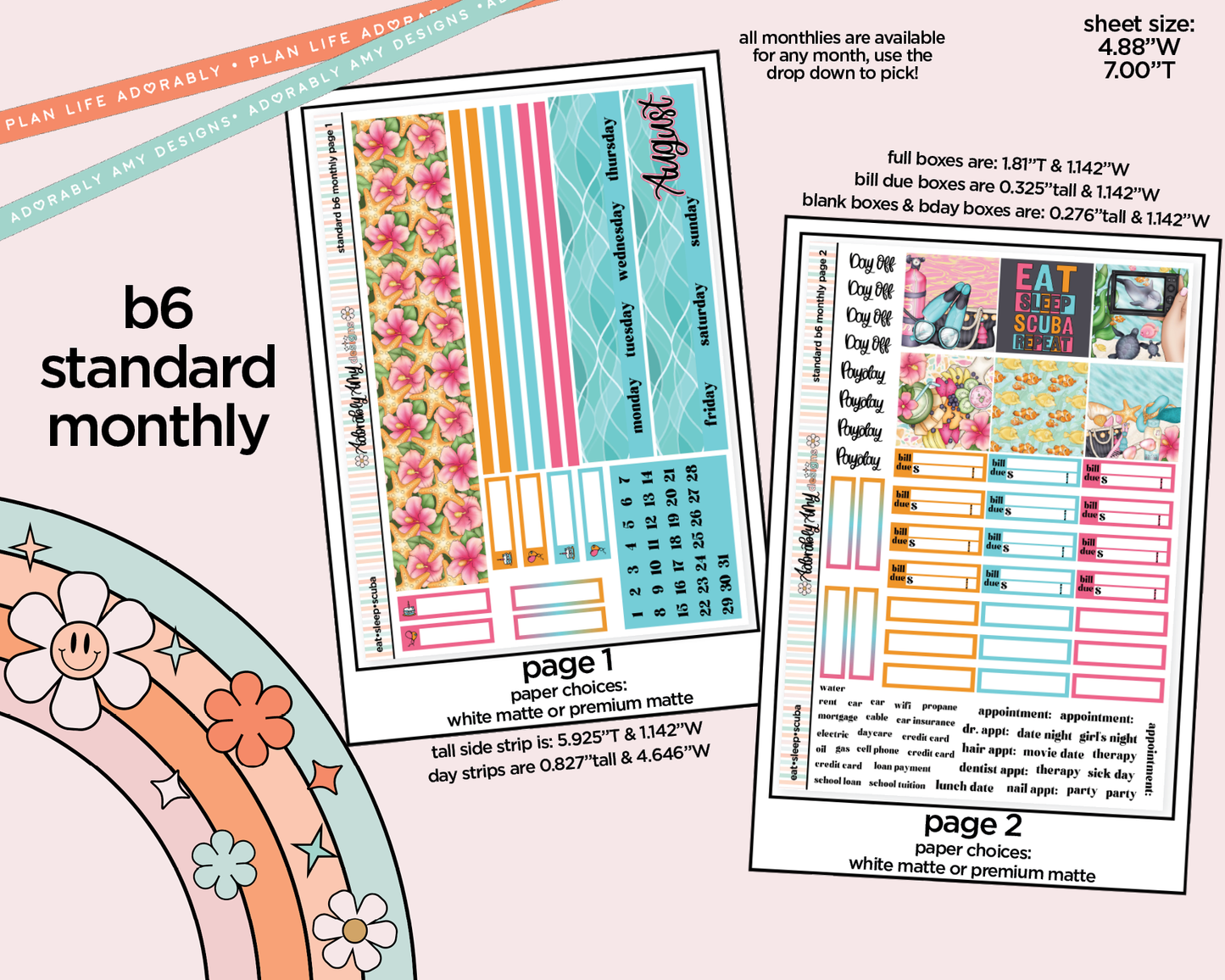 Standard B6 Monthly Pick Your Month Eat Sleep Scuba Planner Sticker Kit for some B6 Planners