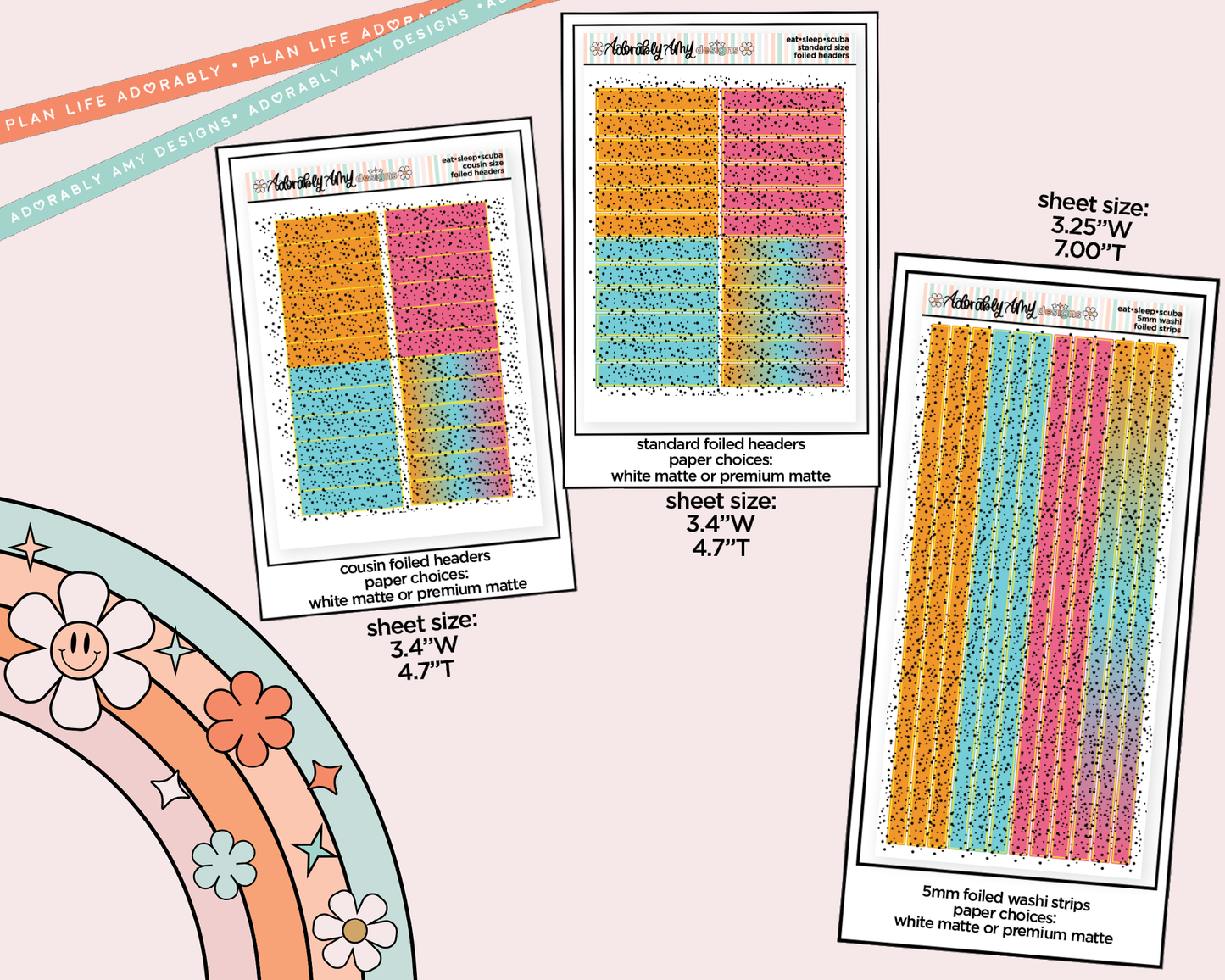 Foiled Eat Sleep Scuba Headers or Long Strips Planner Stickers for any Planner or Insert