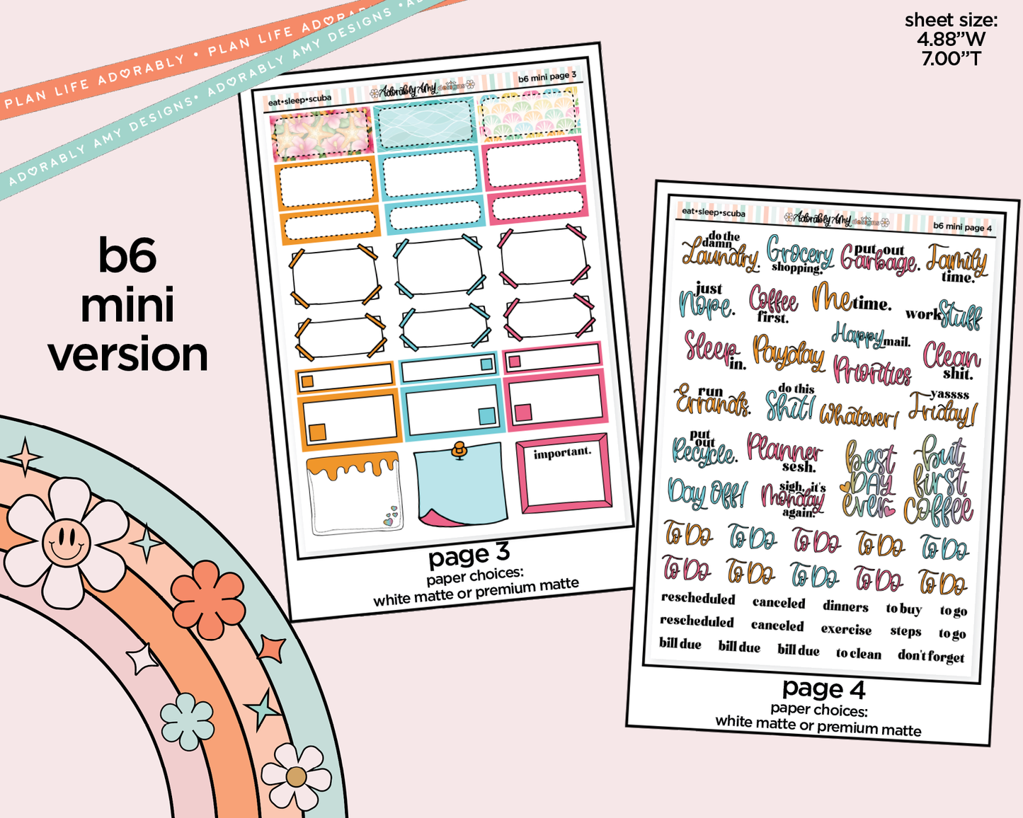 Mini B6 Eat Sleep Scuba Weekly Planner Sticker Kit sized for ANY Vertical Insert