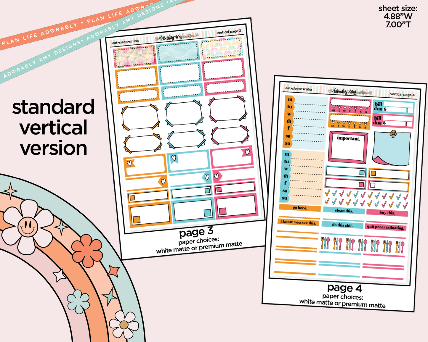 Vertical Eat Sleep Scuba Weekly Sticker Kit for Vertical Standard Size Planners or Insert