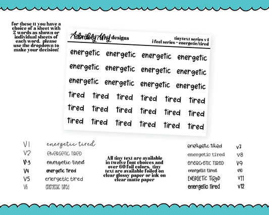 Foiled Tiny Text Series - Feelings Series - Energetic and Tired Checklist Size Planner Stickers for any Planner or Insert