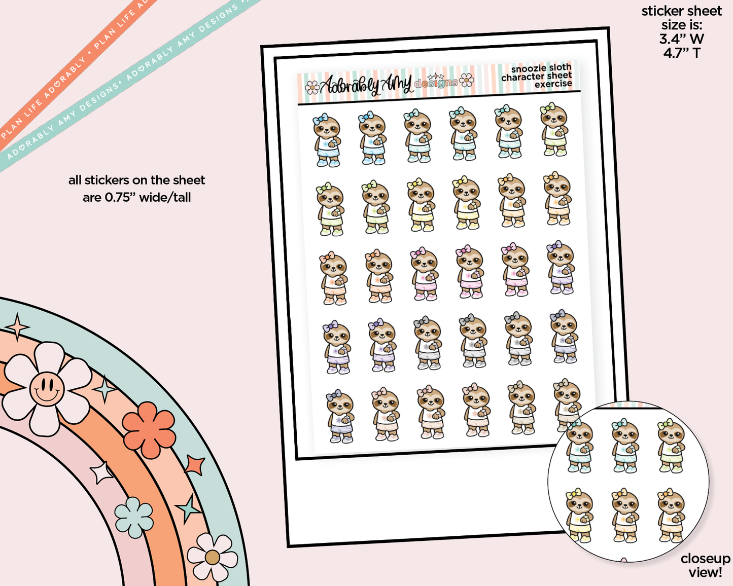 Snoozie Sloth Exercise - Steps Decoration Character Planner Stickers - Adorably Amy Designs