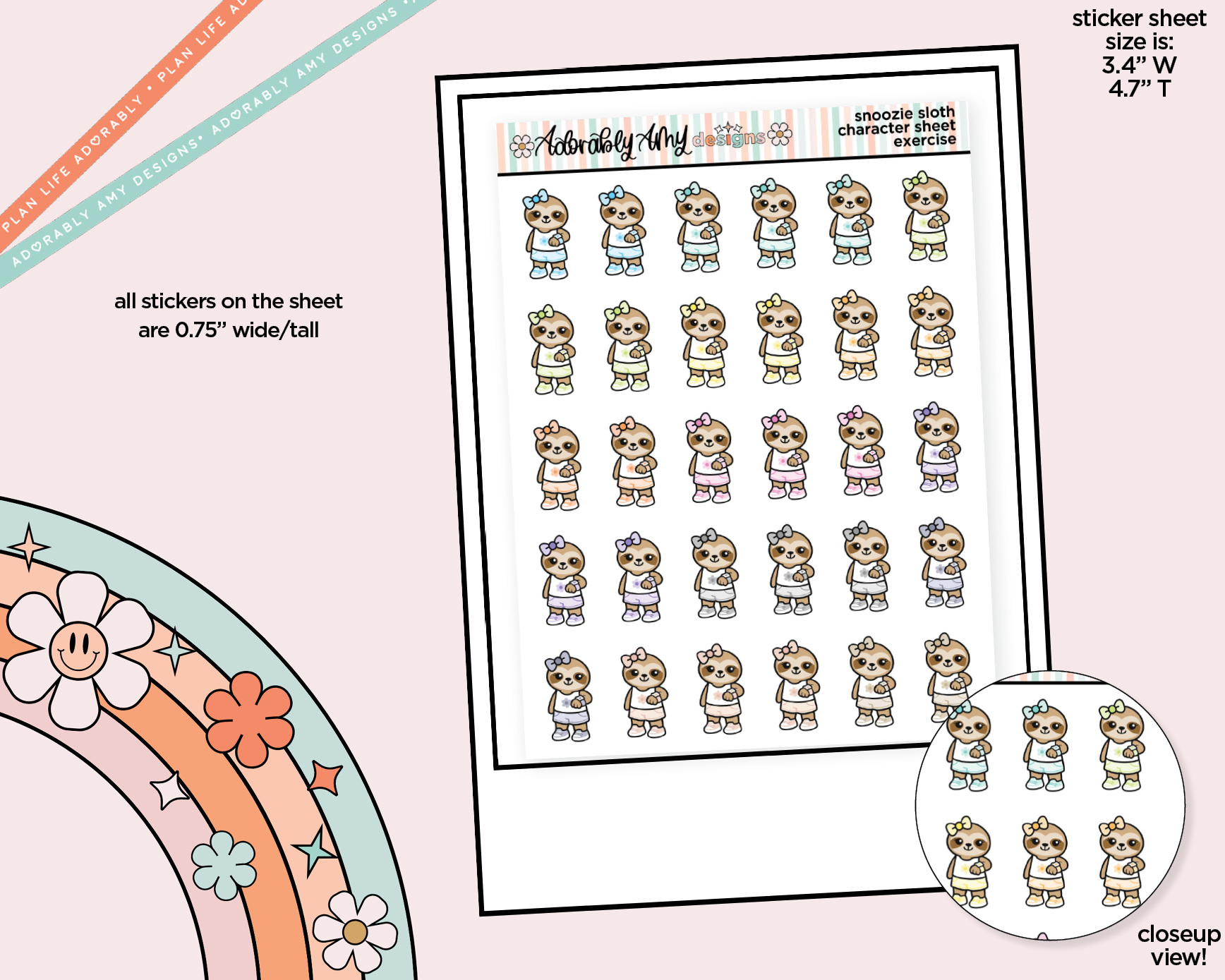 Snoozie Sloth Exercise - Steps Decoration Character Planner Stickers - Adorably Amy Designs