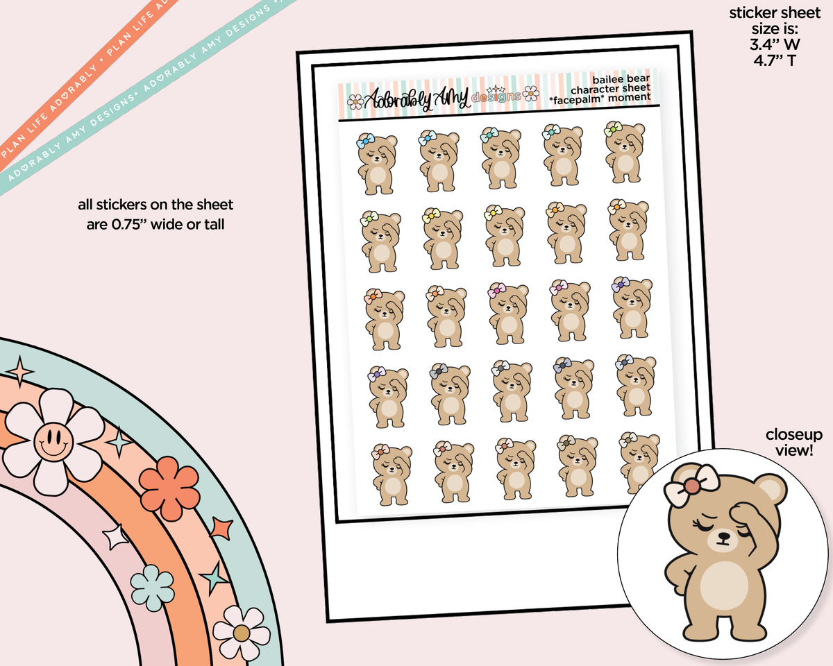 Bailee Bear Facepalm Moment Decoration Character Planner Stickers - Adorably Amy Designs