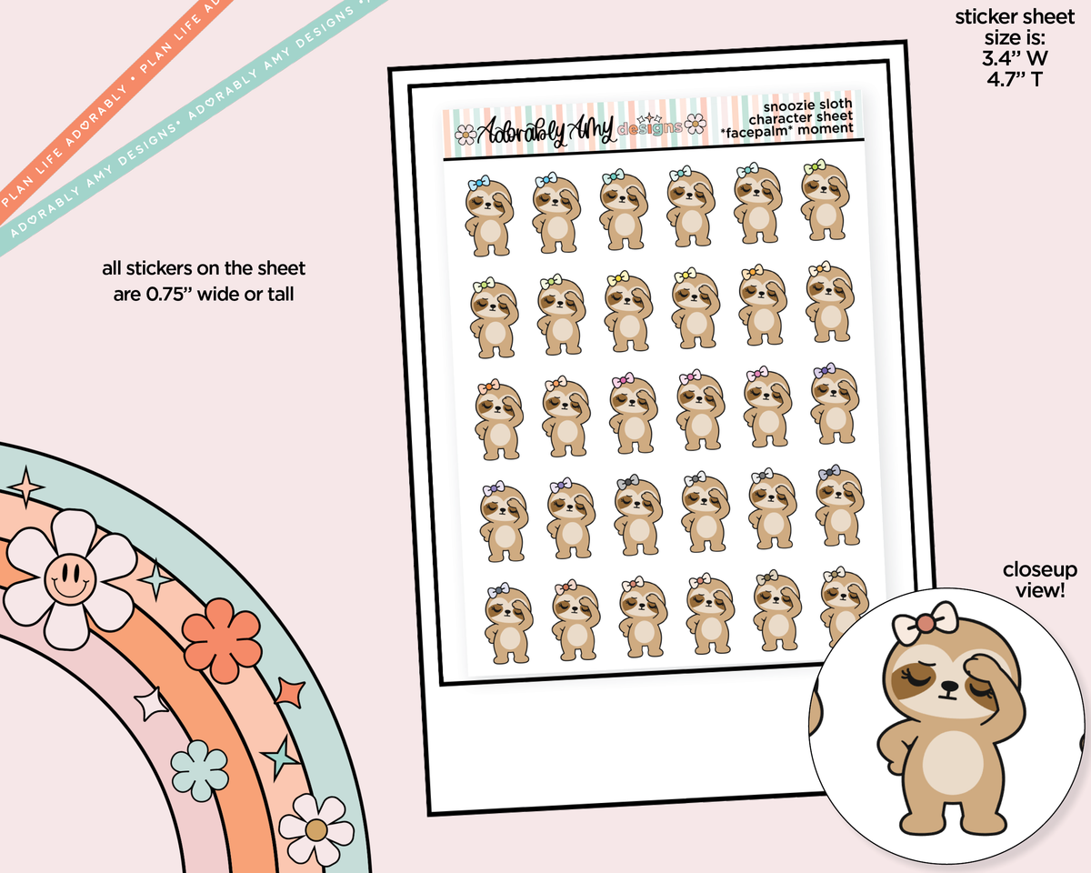 Snoozie Sloth Facepalm Decoration Character Planner Stickers - Adorably Amy Designs