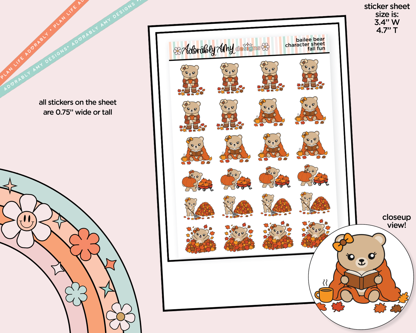 Bailee Bear Fall Fun Sampler Decoration Character Planner Stickers