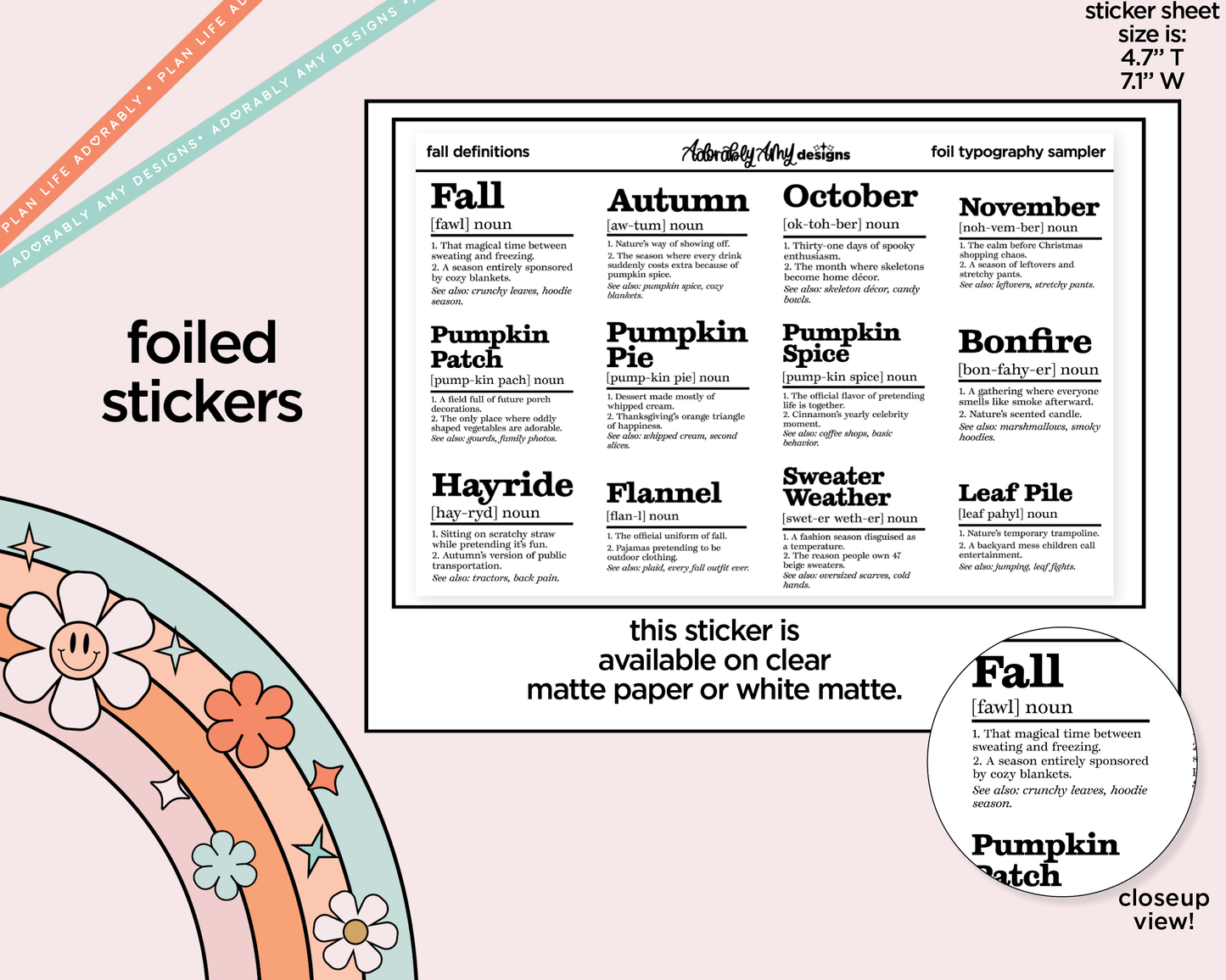 Foiled Funny Fall Definitions Deco Typography Sampler Planner Stickers