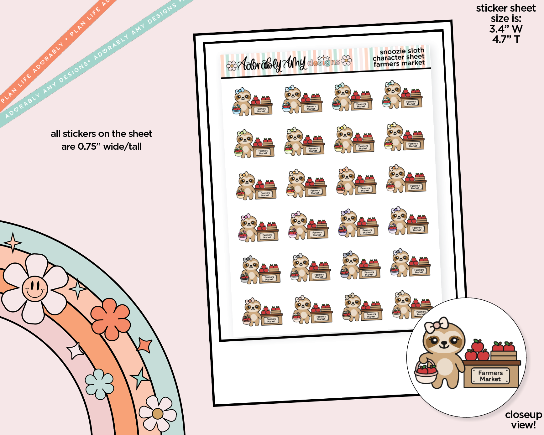 Snoozie Sloth Farmers Market Decoration Character Planner Stickers - Adorably Amy Designs